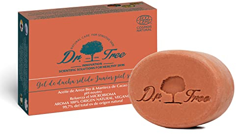 Dr. Tree Organic Solid Shower Gel Junior Sensitive Skin Strengthens Microbiome 99.7% Natural Ingredients Organic Rice Oil and Cocoa Butter Suitable for Vegans, Plastic-Free 75 g