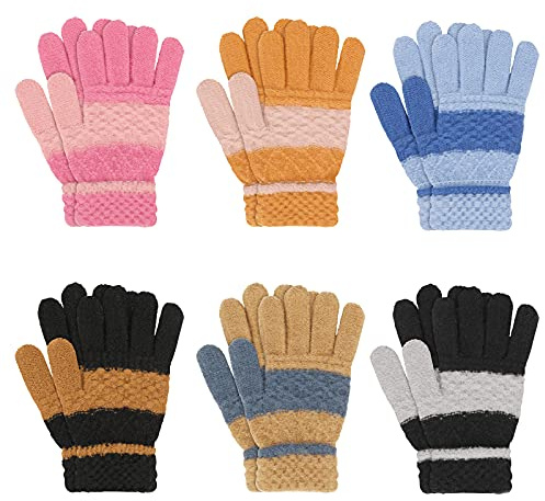 TAGVO Gants Chauds 6 Paires, Hiver Enfants Garçons Filles Epais Thermique Doublé Tricotés Gants et Moufles, Gants Magiques pour Enfants de 5 à 13 Ans