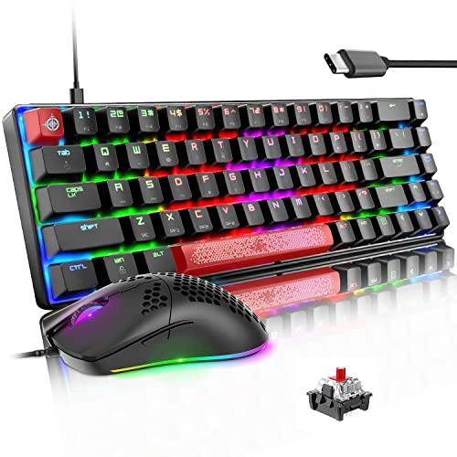 LexonElec 65% Kit Mouse E Tastiera Pc Meccanica Gaming Keyboard Con Filo Retroilluminata Red Switch 12000 DPI Honeycomb Traspirante RGB LED USB Type C Staccabile QWERTY Per Gamer Windows Mac
