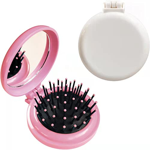 Folding Hair Brush with Mirror for Purse/Pocket,Round Mini Compact Massage Comb for Girls and Women (Pink+White)