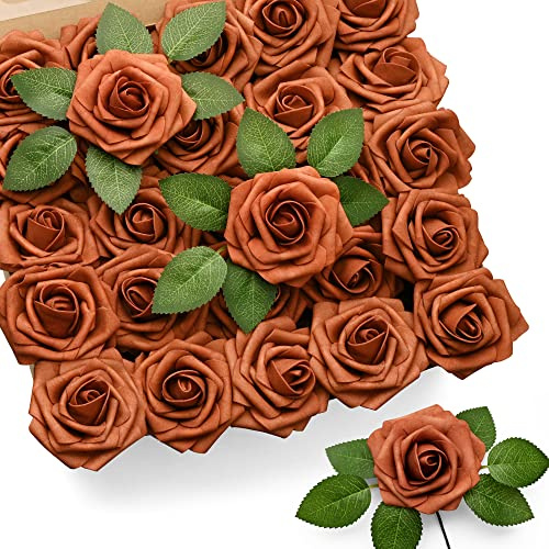 Mocoosy 50 st konstgjorda rosblommor, brända orange falska rosor för dekorationer, äkta utseende skum ros bulk med stjälkar för gör-det-själv bröllopsbuketter brud dusch blomsterarrangemang fest