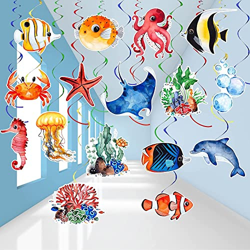 HSDSH 36 Stück Tropische Fisch Hängende Wirbel Decke Dekor Meerestiere Spiral Girlanden Hänge Dekoration Unter Dem Meer Party für Jungen Mädchen Unterwasserwelt Geburtstag Babyparty Ozean Thema