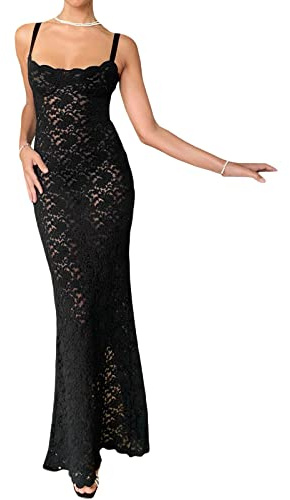FeMereina Robe longue sans manches en dentelle florale pour femme avec maille transparente, ourlet fendu, robe de cocktail de soirée, bretelles spaghetti, robe en dentelle de style cami, Noir , S