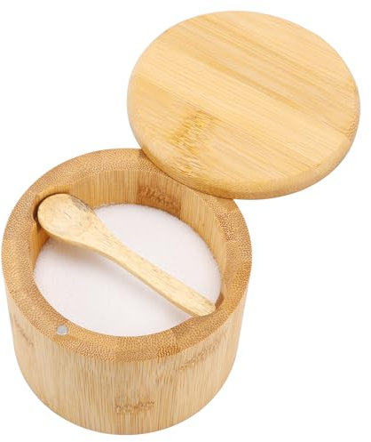 RAETTER.LY Natural bamboo Salt and Pepper Bowl, Bamboo Salt Cellar and Spices Storage Box With Built-in Spoon and Magnetic Swivel Lid (Single Compartment)