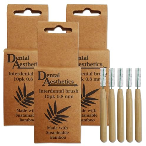 Brossettes interdentaires en bambou Dental Aesthetics, 3 paquets de 10 brosses, 0,8 mm, Access parfait entre les dents, Facile à utiliser, Poignées en bambou, Emballage en carton, Sans plastique