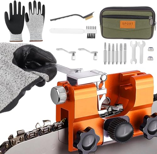 LBING Kettensäge Schärfgerät Kit Kettensägenschärfer Set Tragbar Handkurbeln Sägekettenschärfgerät mit 6 Kettensägen-Schleifstein für 8-22 Inch Sägeketten Schärfgerät Zubehör mit Werkzeugtasche