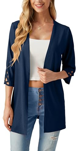 IWOLLENCE Ladies Summer Cardigan Open Front 3/4 Sleeve with Criss-Cross Detail Lightweight Wrinkle-Free Womens Beach Cover Up (Navy Blue, L)