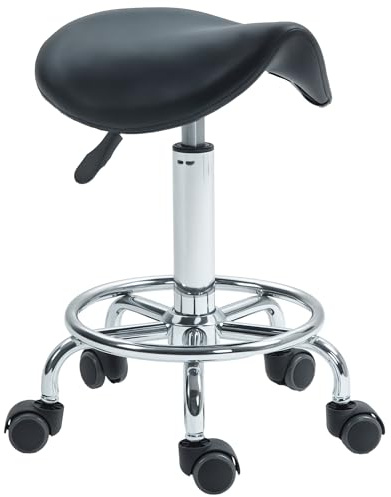 HOMCOM Saddle Stool, PU Leather Adjustable Rolling Salon Chair for Massage, Spa, Clinic, Beauty, Hairdressing and Tattoo, Black