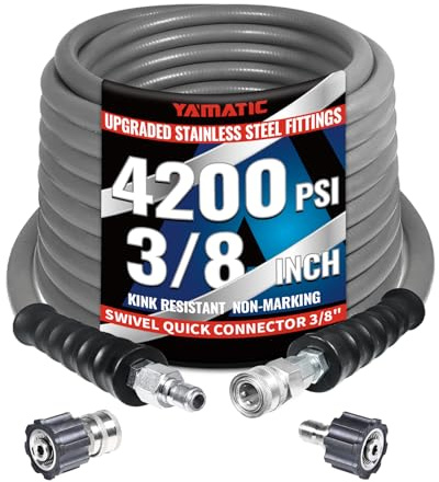 YAMATIC 3/8 Pressure Washer Hose 50 FT 4200 PSI, 304 Stainless Steel Swivel Quick Connect with M22 Adapters,250°F Hot Water Steel Braided Non-Marking Gray Rubber for Heavy-Duty Gas Power Washers