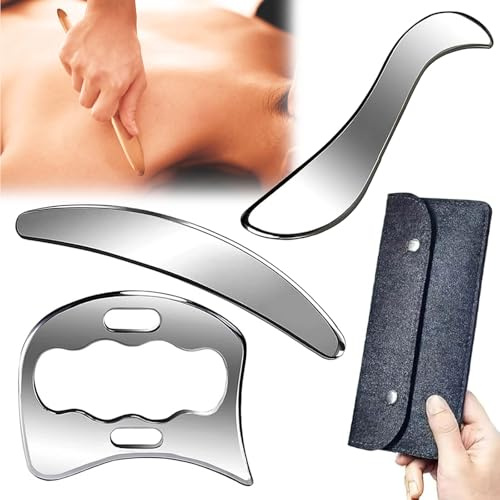 Gua Sha Edelstahl, 3 in 1 Gua Sha Schaber Set Faszien Schaber Guasha Lymphdrainage Massagegerät Ganzkörper Cellulite Massage für Gesicht Nacken Schulter Arm Beine Rücken Muskelentspannung