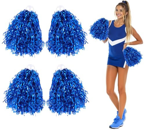 Psyqtsuary 4 Stück Pom Poms Cheerleading mit Griff Cheerleader Squad Spirited Fun Poms Blue Cheer Pom Metallisch Cheerleader Pompons für Sportteam Jubeln jubeln