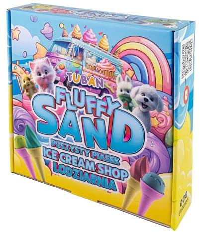 TUBAN Set fluffig sand – glassbar 4 x 70 g – färger: grön, rosa, gul, blå – 4 formar – glassked – kul med sand för barn – lätt