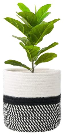 Senda Pot de fleurs avec doublure pour plantes d'intérieur, panier de rangement pliable en coton tissé pour plantes, pot de fleurs, panier à linge, organisateur de jouets (blanc avec noir, 25 x 25 cm)