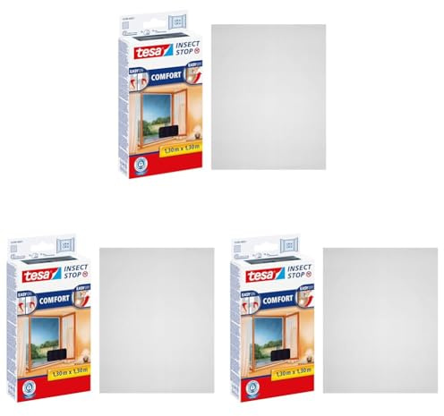 tesa Insect Stop Comfort Fliegengitter für Fenster - Insektenschutz mit Klettband selbstklebend - Fliegen Netz ohne Bohren - anthrazit (durchsichtig), 130 cm x 130 cm (Packung mit 3)
