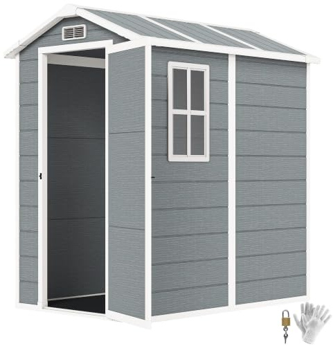 Outsunny Abri Jardin Plastique 4x6 pi avec Sol Porte verrouillable Gris | Fenêtre, évents, rangement en résine, pour patio extérieur, zéro entretien