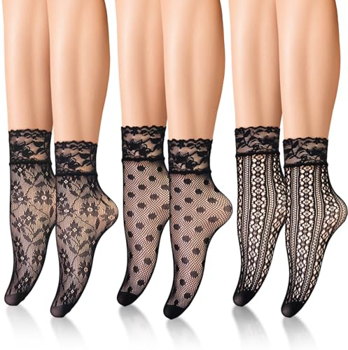 SIWOKJJO 3 Pairs Women Lace Ankle Socks, Black Pop Sock, Fishnet Short Stockings, Sheer Mesh Thin Socks for Women