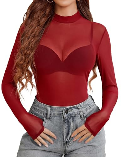 Avidlove damer body sexiga blusar mesh festival outfit halv polotröja t-shirt långärmad topp elegant rave toppar party klubbkläder, röd, L