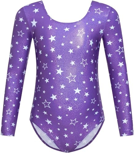 Gogokids Ensemble de gymnastique 2 pièces imprimé pour filles, justaucorps à manches longues et col en U et élastique à cheveux, parfait pour la gymnastique, la danse et le yoga, pour enfants de 3 à
