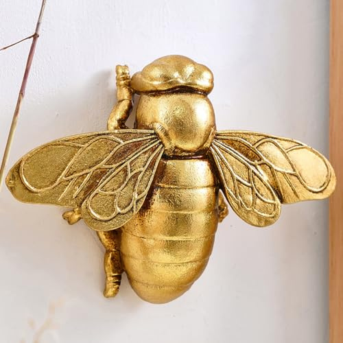 Semeid Große Goldbiene Wandskulptur Insekt Home Decor - Vintage 3D Harz Hummel Kunst Hängende Wandmontage, Handgemachte Käfer Tier Statue für Wohnzimmer Schlafzimmer Dekoration (Metallic Gold)