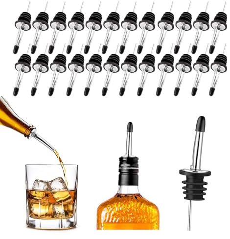 24PCS Stainless Steel Speed Pourers with Tapered Spout & Silicone Dust Caps – Professional Bottle Pourers for Spirits, Liquor, Olive Oil, Vinegar & Syrup – Free Flow Spirit Pourer Spouts for Home & Ba