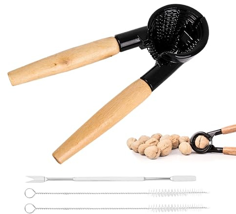 Ensemble de 4 Casse-Noix en Aluminium avec Poignée en Bois, Casse-Noix pour Noix de Grenoble, Sans Écrasement des Noyaux, Casse-Noix Multifonctionnel avec 2 Brosse de Nettoyage et Aiguilles pour Noix
