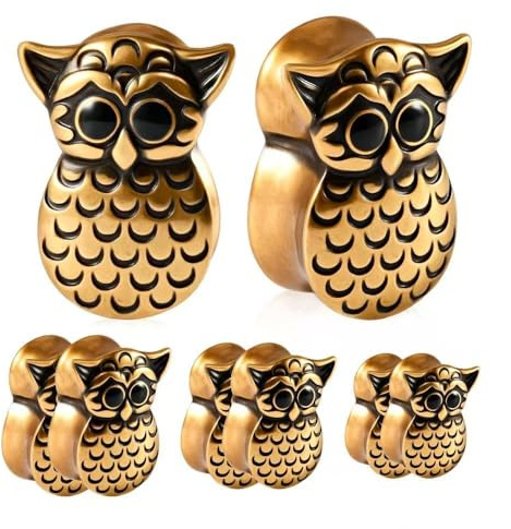 LGXLGX 2 Stücke Ohr Tunnels Eulen Design Doppelhorn - Vergoldetes Kupfer Nahtlos, Dehner Stecker für Ohr Stretching und Körper Piercing Schmuck(Gold,16mm)