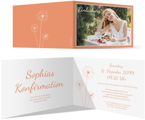 Kartenmachen.de Personalisierte Konfirmation Einladungskarten (10 Stück) - Pusteblume in Apricot - Konfirmationskarten Einladung