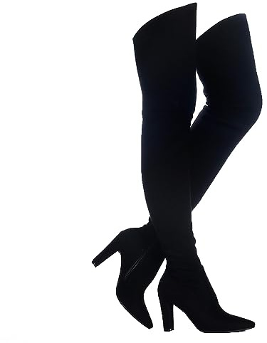 Shoe'N Tale Women Stretch Suede Chunky Heel Over The Knee Boots Thigh High for Women (7,Suede Black)