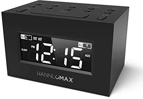 HANNLOMAX HX-111CR Alarm Clock Radio, PLL AM/FM Radio, Dual Alarm, White LED Display, Auto DST, Aux-in Jack. (Black)