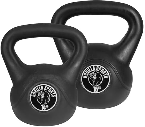 GORILLA SPORTS® Kettlebell - singel 2kg - 20kg eller set 17kg, 24kg, 30kg, 110kg, 113kg med/utan hylla, plast - kettlebell, bollvikt, swing hantel, vikter, kondition, styrketräning
