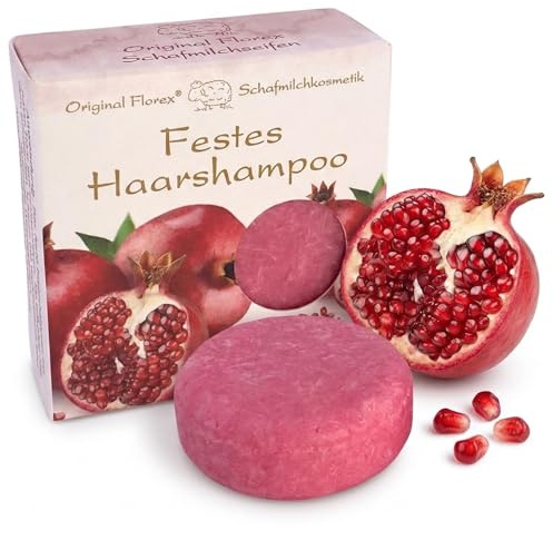 Festes Shampoo 58 g Granatapfel mit Schafmilch Kakaobutter plastikfrei | Festes Haarshampoo mit Schafmilch, Kakaobutter, Honig- und Algenextrakt sowie Pro-Vitamin B5 – plastikfrei in Papierschachtel