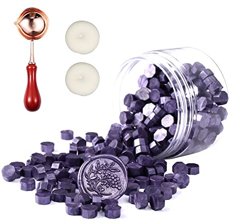 Comealltime 248 Piece Sealing Wax Melt Stamp Set, Octagonal Sealing Wax Beads with 2 Tea Lights & 1 Melting Spoon (Purple Sauce)
