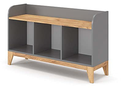 VitaliSpa Kindersitzbank Grau/Eiche Malia - 107x64x31 cm hergestellt aus Spanplatte - Spielzeugschrank ideal fürs Kinderzimmer, eine praktische Lösung für die Organisation von Spielzeug