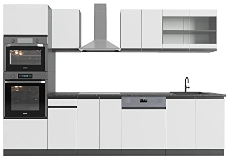 Vicco Cuisine R-Line, Blanc/Anthracite, 300cm J-Shape, avec Armoire Haute, sans PT, adapté à Une Extension Flexible avec des modules complémentaires