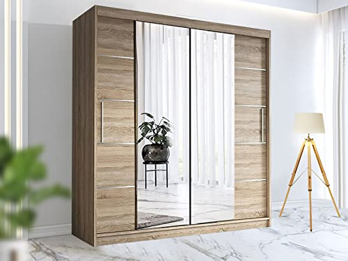 RAC3 Race to Road Modern Bedroom Sliding Wardrobe with LED Light - Ample Storage Space and Sleek Design comes in White/Grey/Black/Oak and Width 150cm/180cm/203cm/250cm (Oak, 203cm)
