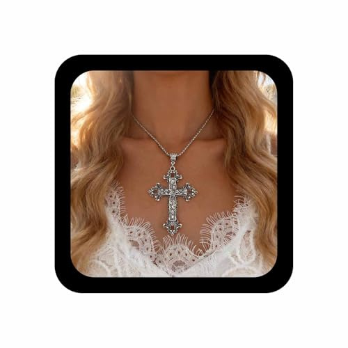 Inilbran Boho Exaggerated Cross Choker Necklace Vintage Large Cross Pendant Necklace Punk Big Cross Necklace Gothic Religious Christian Necklace Chain Jewelry for Women and Girls