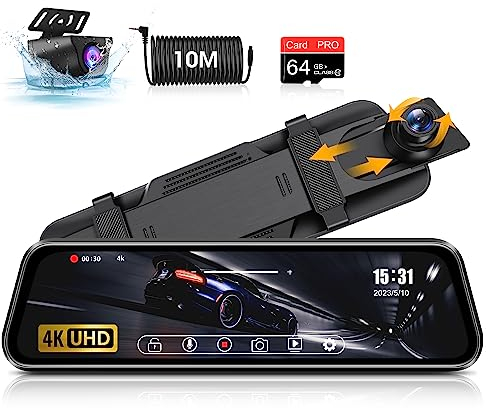 4K Spiegel Dashcam Rückspiegel Kamera mit 64G SD-Karte Rückfahrkamera Spiegel Auto Kamera mit 10 IPS-Touchscreen Dashcam Auto Vorne Hinten 170° Weitwinkel WDR Loop-Aufnahme G-Sensor