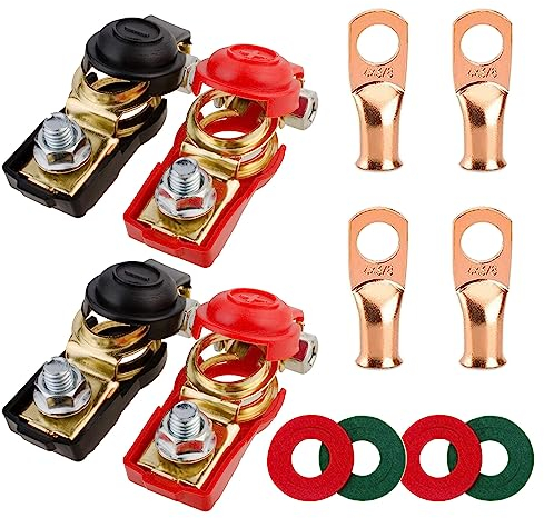 GTIWUNG 2 Coppia Connettori di Batteria, Batteria Terminali, Morsetto per Batteria Positivo e Negativo per auto, Morsetto a Clip Regolabile+4 Pezzi Rondelle+4 Pezzi Terminali ad Anello 3/8 Pollici