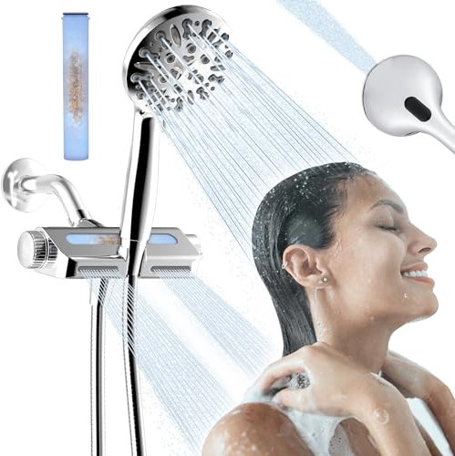 JONKEAN Pomme de douche chromée filtrée avec pulvérisateur à main, double pommeau de douche spa 2 en 1 avec filtre pour eau dure, douche filtrante haute pression multifonction avec tuyau extra long