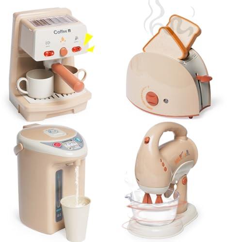Kinderküche Spielset Küche Rollenspiel Set mit Kaffeemaschine: Espressomaschine Wasserspender Rührgerät, Toaste, Geschirr Küchen Frühstücksset Kaffeemaschinen-Spielset für Kinder 3+
