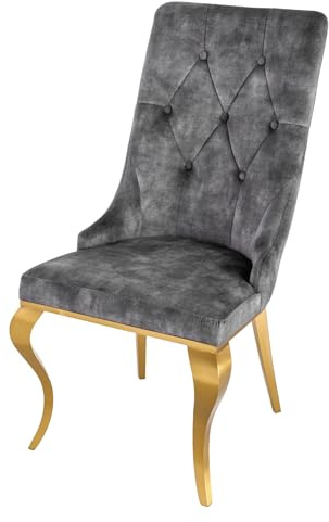 Stuhl MODERN BAROCK - 63x53cm - grau gold - Samt Metall-Beine Ziersteppung | hoher Komfort, bequeme Polsterung, pflegeleicht, stabil, Esszimmerstuhl, Design, Eyecatcher