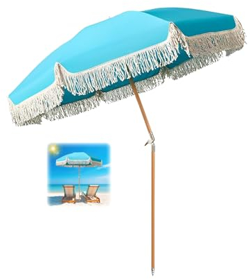 ELZEM 180cm Gartenschirm Neigbar Blau Sonnenschirm Mit Quasten Strandschirm Uv Schutz Balkonschirm Wasserdicht Tischschirm Mit Tragetasche Für Terrasse Balkon Pool/8 Rippen