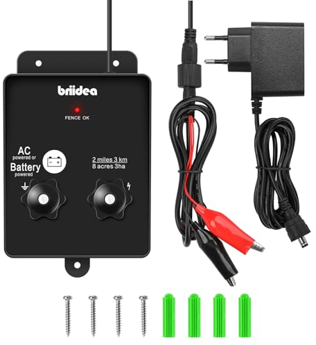 HEFC-04DE 230V Weidezaungerät, Briidea 2-Meile 8 Acres 2-in-1 Elektrischer Zaunladegerät betrieben von Batterie oder Netzadapter, 3 Joule, Schützen Sie Ihr Vieh, Gartenweide vor Wildtieren