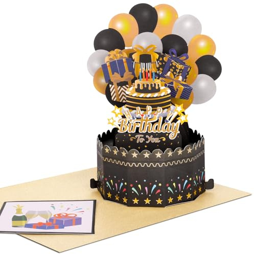 Pop Up Birthday Card,Black Gold Happy Birthday Greeting Card 3D Popup Cards Greeting Card with Envelope Women Men Present