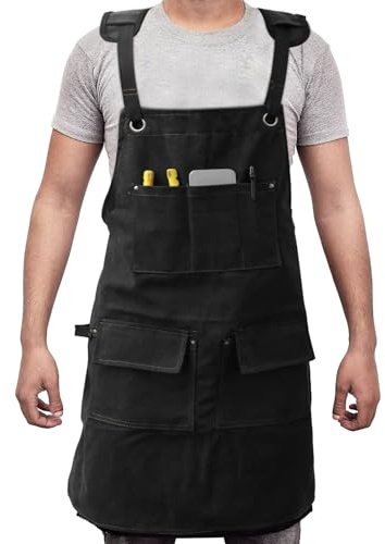 Foppla Arbetsförkläde med 5 verktygsfickor, kraftigt, vattentätt Oxford-tyg, justerbart korsband träbearbetningsförkläde för M-XXL män och kvinnor, Svart, 80×68cm