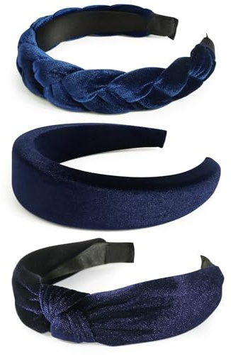 BOOMTOP 3 Stück Samt Haarreif Dirndl Trachten Haarschmuck Geflochten Stirnband Breit Haarband Gepolsterte Haarreifen mit Knoten Vintage Kopfband für Damen und Mädchen Karneval Mottoparty Dunkelblau