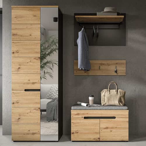 Lomadox Garderoben Set 3-teilig Garderobe mit Garderobenschrank Flurbank Garderobenpaneel modern in Eiche mit grau