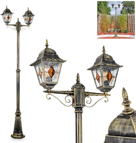 HOFSTEIN Kandelaber Chatelain, Außenwegeleuchte aus Metall/Glas in Schwarz/Gold/Klar/Bernstein, verstellbare Wegeleuchte im Vintage/Antik/Landhaus-Design für Garten, Außenbereich, 235 cm, E27, IP44