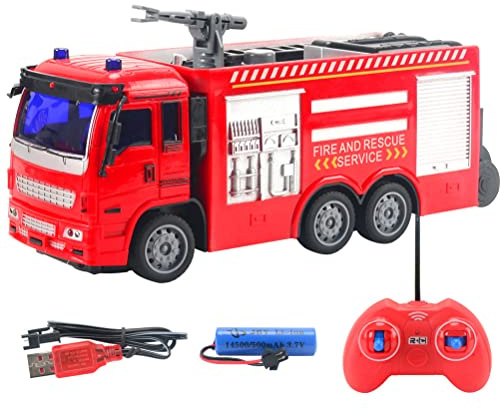 BSTCAR Remote Control Fire Truck Toy with LED Lights,RC Fire Truck Car Toy Spraying Water Car Trucks Toys for Kids Boys Girls (B)
