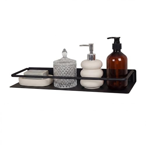 JOOM Schweberegal Schwarz 40cm mit Zaun, Wandregal Metall Aluminium | Schweberegal 40cm mit Zaun – Alu Wandregal Schwarz, erhöhter Rand als Abrutschschutz, rostfrei für Bad & Küche